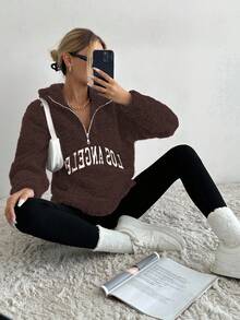 EURMUSE Women's Letter Pattern Drop Shoulder Long Sleeve Zip-Up Half Placket Casual Loose Sweatshirt, Autumn/Winter - Chocolate Brown - View 3