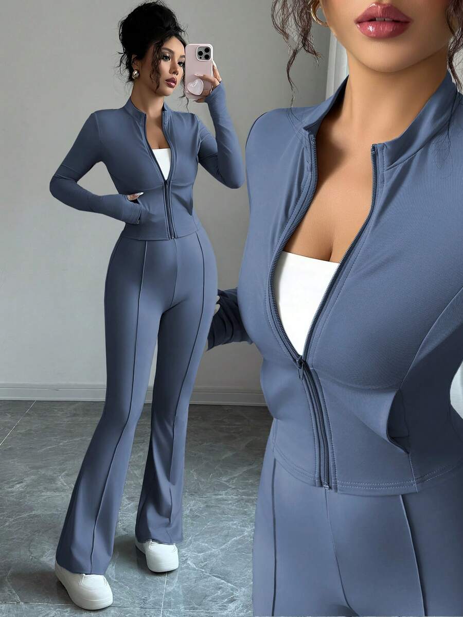 INAWLY Women's Tight-Fitting Zip-Up Cropped Top Jacket With Mandarin Collar And Flared Pants 2-Piece Set - Blue - View 1