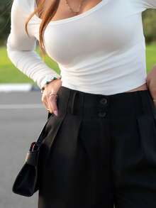 Hitanina 2pcs/Set Sexy Wide Neck Long Sleeve Form-Fitting T-Shirt - Black and White - View 3