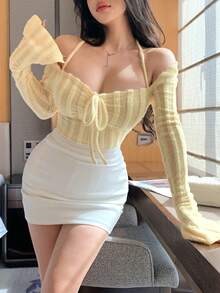 DAZY Women's Textured Striped Tie-Front Long Sleeve T-Shirt With Flared Cuffs, Dark Base, Autumn/Winter Y2k - Light Yellow - View 4