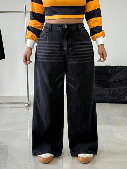 Jeanoix Jeans holgados de lavado casual y versátil sin estiramiento para mujer de talla grande con estilo Y2K