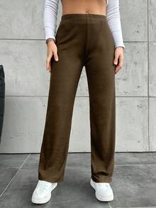 Plus Size Casual Solid Color Straight Leg Pants - Brown - View 2