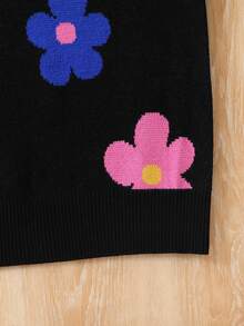 Girls Black Floral Knitted Long Sleeve Sweater Dress,Cute Flower Pattern French Style Autumn Dress For Holiday,Back-To-School Fashion Long Sweater - Black - View 4
