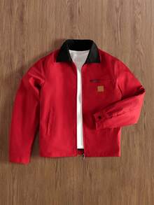 TOKVUE Manfinity Streetrush 男士美式休闲工装夹克，红色拉链户外风衣，秋季 - 紅色 - 查看 3