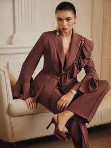 Anewsta 2件套女士串珠网纱拼接长袖荷叶边纯色上衣，秋冬新品 - 白色 - 查看 6