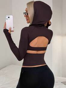 Easithlete Moletom feminino casual de manga comprida com capuz, sem costas e cor sólida - Vermelho Acastanhado - Ver 7