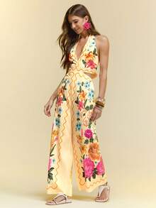 CAJUNI 女士休闲度假热带黄橙色百合花印花露背系带无袖V领连体裤，约会装，优雅休闲连体裤 - 黃色 - 查看 3