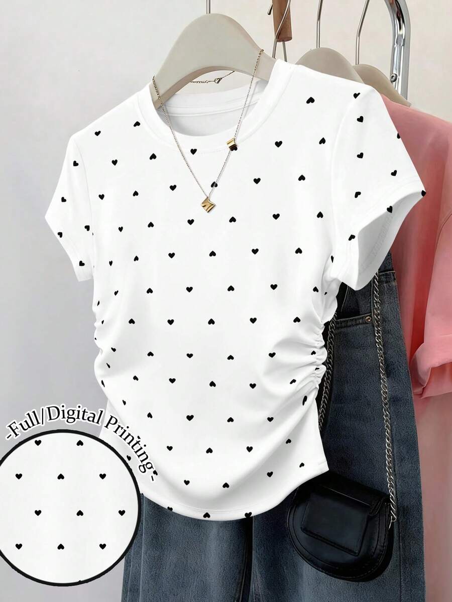 Resyla 女士收腰短袖修身褶皱腰部上衣爱心印花图案短袖情人节T恤 - 彩色 - 查看 1