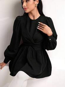Veilorie Women's Solid Color Round Neck Raglan Lantern Sleeve Ruffle Hem Elegant Blouse - Black - View 8