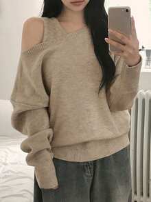 DAZY Women's Solid Color Crew Neck Sleeveless Knit Top And Off Shoulder Long Sleeve Sweater Set Spring - Khaki - View 3