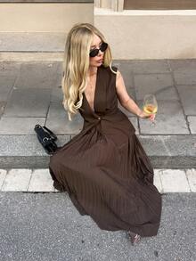 Serisse Women's Elegant Vest Jacket & Pleated Skirt Set,Winter Clothes For Women ,Summer,Beach, Christmas ,New Year,Party ,Elegant,Casual, Brown, - Apricot - View 6