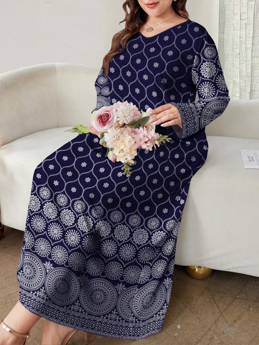 SHEIN Najma Robe maxi élégante à manches longues, col en V, imprimé numérique géométrique mandala, style arabe, pour femmes grandes tailles, printemps - Multicolore - Voir 1