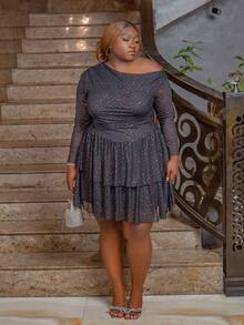CurvyTilda Plus Size Fall Elegant Sweet Sexy Woman Black Shiny Sequin Mesh Asymmetrical Oblique Shoulder Long Sleeves Cascading Ruffle Hem Mini Dress Fairy Core Dress, For Hourglass Body Shape - Black - View 7