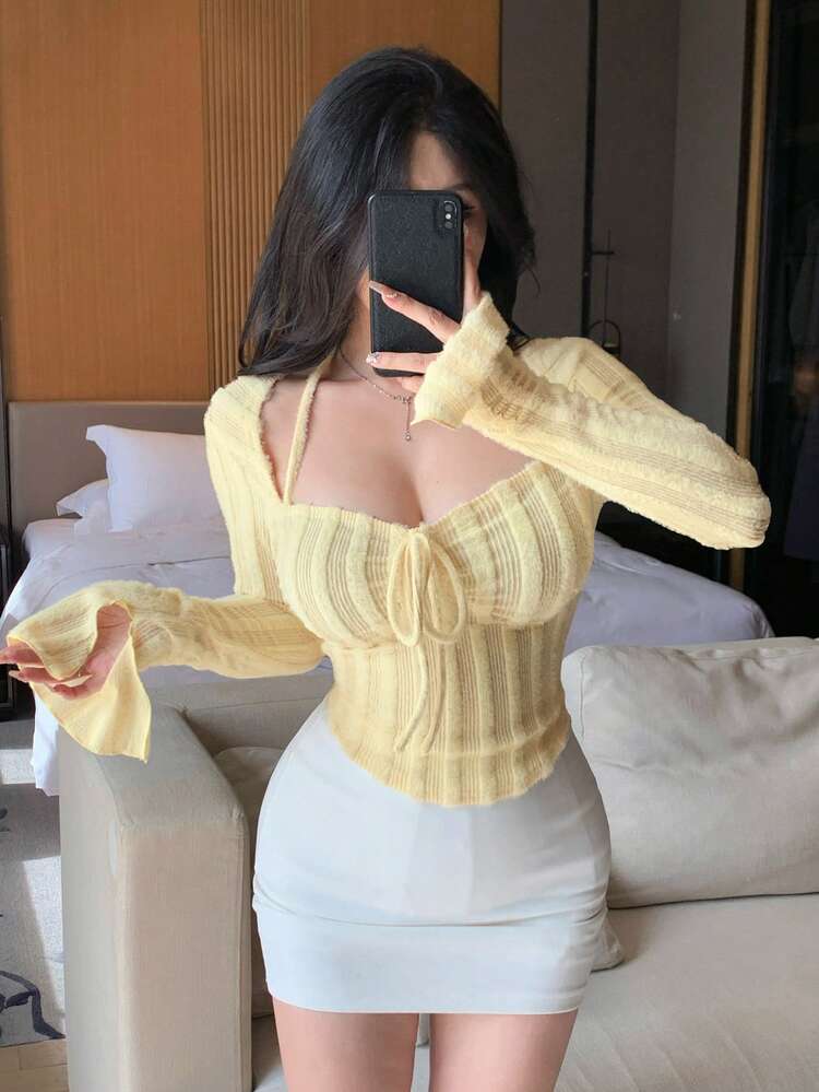 Women's Textured Striped Tie-Front Long Sleeve T-Shirt With Flared Cuffs, Dark Base, Autumn/Winter Y2k