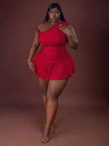 CurvyTilda Bộ đồ đôi Maweii Plus Size hở vai và quần culot bất đối xứng cho nữ ngày lễ tình nhân thường ngày hẹn hò tiệc hòa nhạc năm mới mùa xuân hè mùa tốt nghiệp trang phục mùa hè xanh cho nữ ngày lễ thánh Patrick - Đỏ - Xem 2