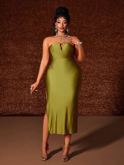 Maweii Plus Size Metallringdekor Stretchig Bodycon Sexig Festklänning, Grön Axelbandslös Miniklänning Lämplig För Fest, Samlingar, Kväll