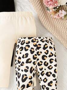 SHEIN Bộ 3 món quần legging thời trang họa tiết da báo cho bé gái, chất liệu vải dệt kim màu trơn thoải mái, thích hợp cho mùa xuân và mùa thu, mặc hàng ngày và hoạt động ngoài trời. - Màu Khaki - Xem 5