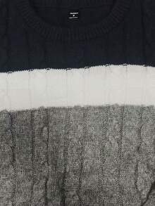 Manfinity Mode 加大码男士休闲撞色绞花针织圆领毛衣，秋冬季长袖上衣