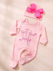 SHEIN 2 件套新生儿女孩摄影服装刺绣女婴连脚连体衣配蝴蝶结帽新生儿回家服装送礼到货公告 - 粉色 - 查看 2