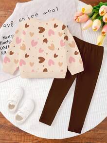 1 Set Young Girls Casual Fashionable Cute Sweet Heart Pattern Long Sleeve Sweatshirt And Leggings Set, Suitable For Outings, Holidays, Casual Wear, Valentine's Day Outfit - Multicolor - View 2