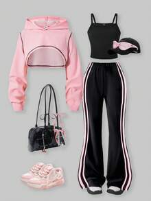 SHEIN ChillGRL 3pcs/Set Street Cool Kids Girls Outfit: Long Sleeve Cropped Hoodie, Spaghetti Strap Tank Top, And Casual Knit Flare Pants, Suitable For Daily Casual Wear And Fashion Parties, Spring/Autumn, YK2 Apparel Fall Winter - Pink - View 1