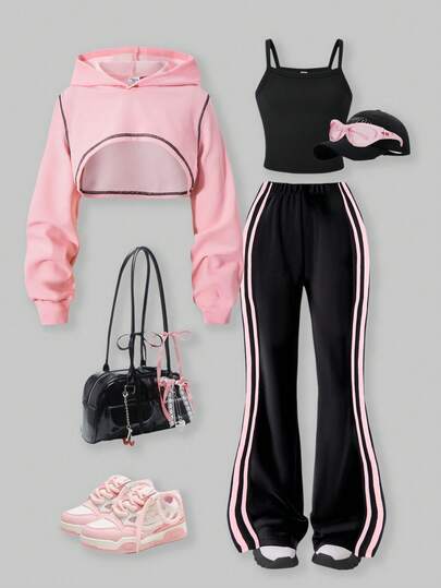 SHEIN ChillGRL 3pcs/Set Street Cool Kids Girls Outfit: Long Sleeve Cropped Hoodie, Spaghetti Strap Tank Top, And Casual Knit Flare Pants, Suitable For Daily Casual Wear And Fashion Parties, Spring/Autumn, YK2 Apparel Fall Winter