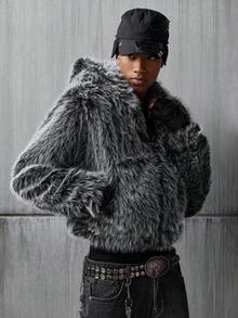 NEON BLANC 男士时尚落肩长袖短款仿毛皮外套，冬季百搭 - 黑色 - 查看 6