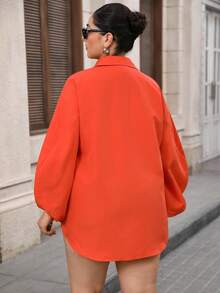 Enliva Chemise à manches longues pour femmes grandes tailles, col à revers, boutonnage simple, ourlet asymétrique, pour un usage quotidien et les déplacements - Orange - Voir 2