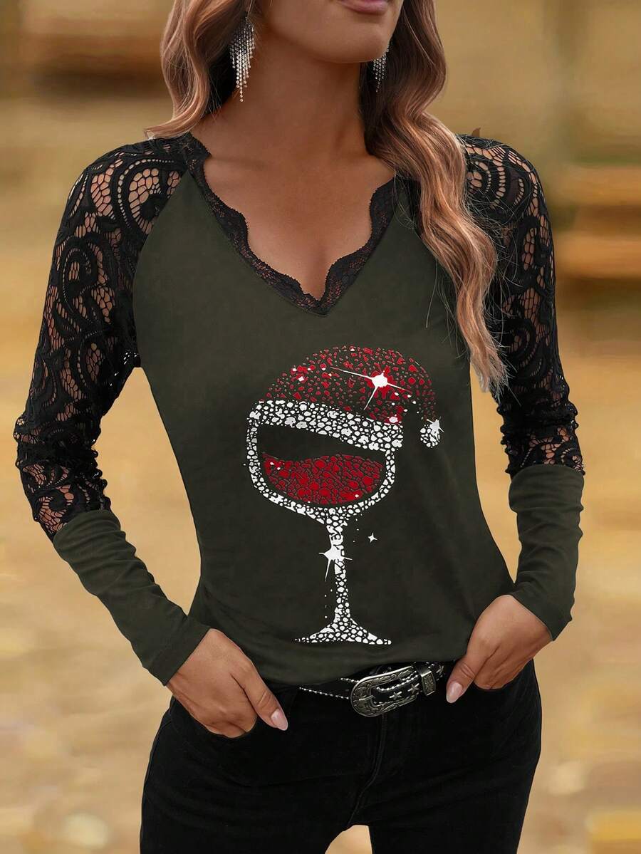SHEIN LUNE 女士秋冬时尚纯色蕾丝拼接酒杯印花T恤图案上衣 - 軍綠色 - 查看 1