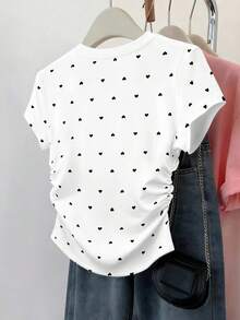 Resyla 女士收腰短袖修身褶皱腰部上衣爱心印花图案短袖情人节T恤 - 彩色 - 查看 2