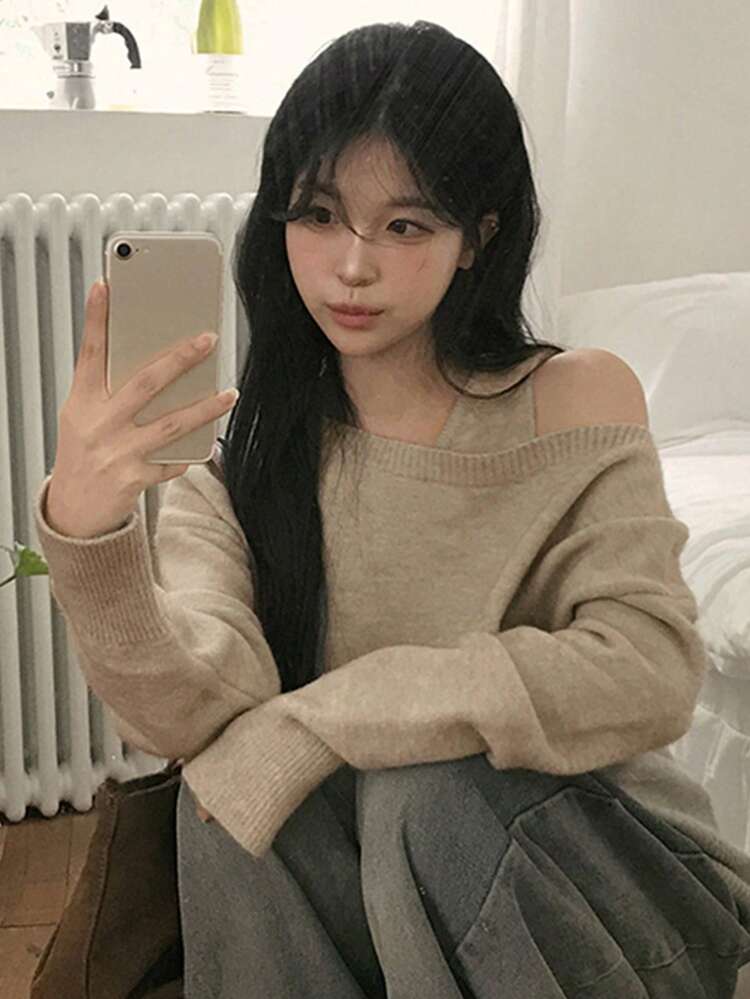 Women's Solid Color Crew Neck Sleeveless Knit Top And Off Shoulder Long Sleeve Sweater Set Spring