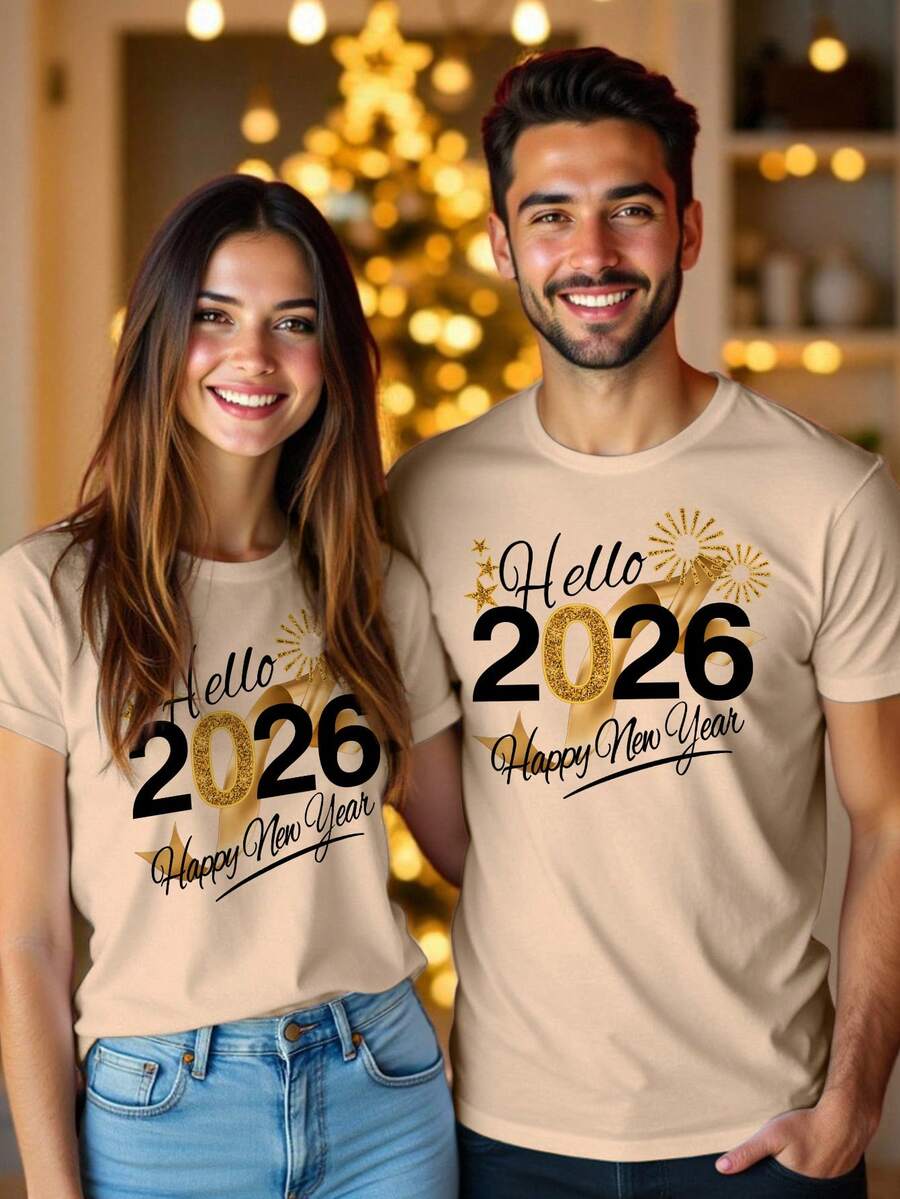 Manfinity Homme 男女通用 2026 新年快乐卡其色 T 恤，节日金色丝带元素 2026 新年限量版情侣圆领 T 恤 - 杏色 - 查看 1