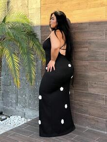 Truni Đầm bodycon hở lưng cỡ lớn có họa tiết hoa 3D - màu đen - Xem 5