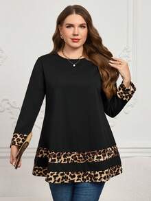 EMERY ROSE Plus Size Leopard Print Patchwork Round Neck Long Sleeve T-Shirt Winter For Women Christmas For Women New Year Elegant Party Top Valentine's Day, Mother , Comfortable And Casual Spring Breaks - Black - View 1
