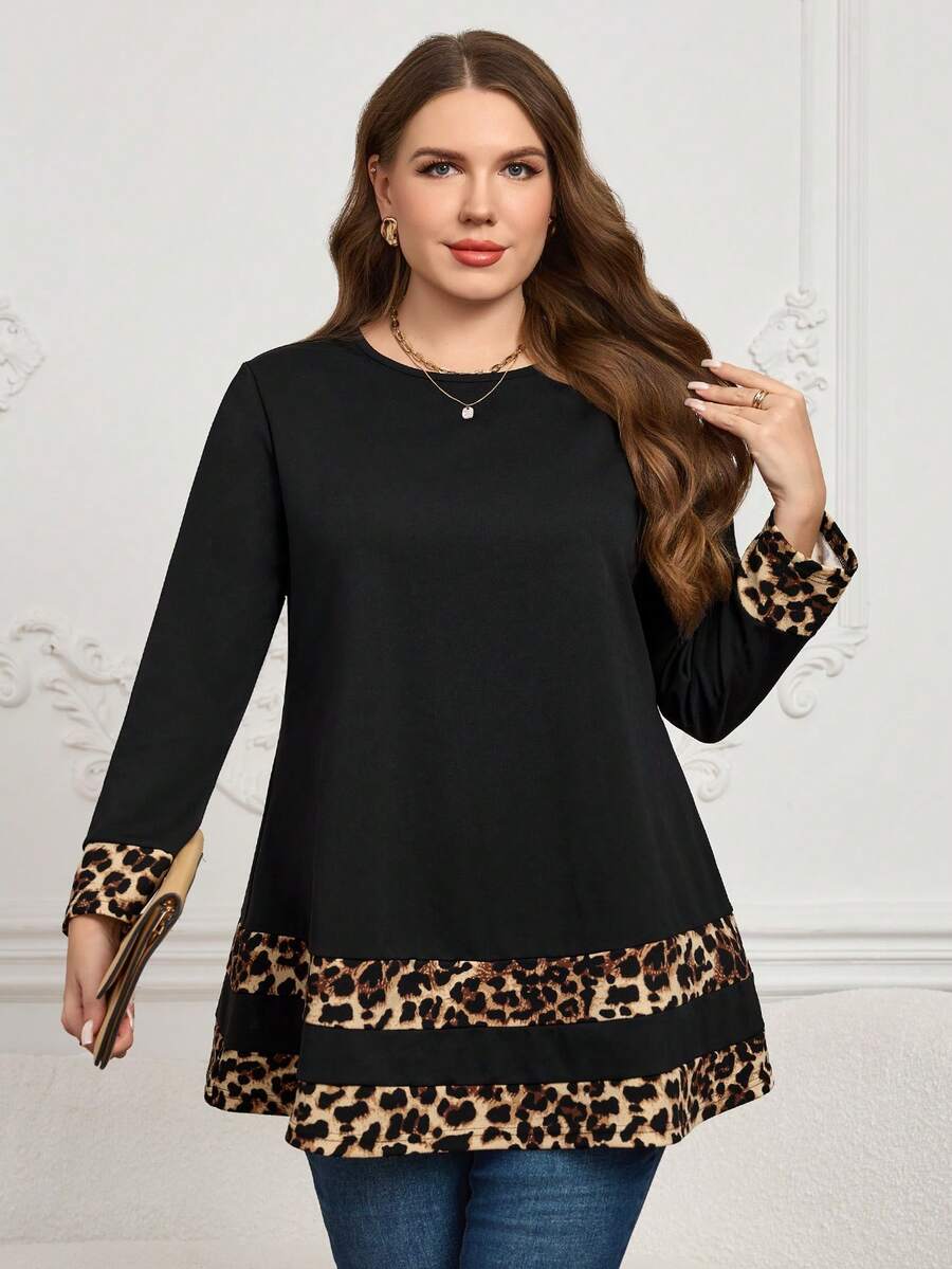 EMERY ROSE Plus Size Leopard Print Patchwork Round Neck Long Sleeve T-Shirt Winter For Women Christmas For Women New Year Elegant Party Top Valentine's Day, Mother , Comfortable And Casual Spring Breaks - Black - View 1