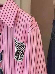 INAWLY Plus Size Striped Print Rhinestone Decor Front Button Long Sleeve Shirt - Multicolor - View 4
