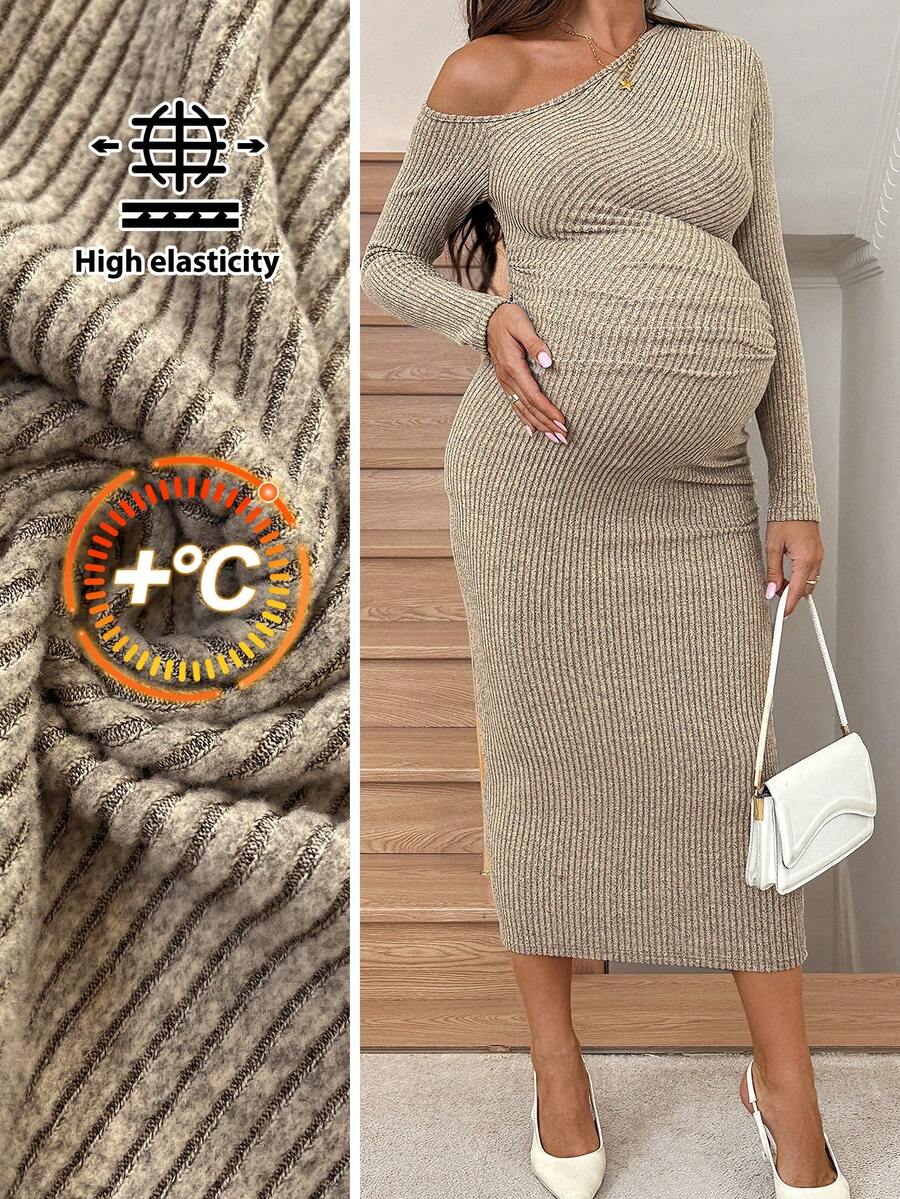 SHEIN Maternity Casual Commute Asymmetric Neck Fitted Dress - Brown - View 1