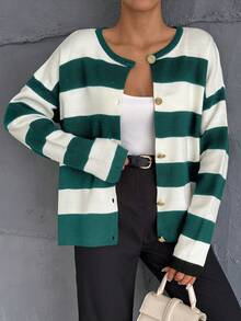 EURMUSE Elegant Contrast Color Stripe Color Block Round Neck Long Sleeve Golden Button Detailed Cardigan - Dark Green - View 4