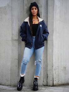 SAYEHFBABY 印花宽松立领拉链开合长袖女式夹克，秋季女装，羊毛衬里 - 藏蓝色 - 查看 1