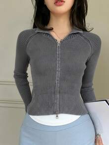 Suéter tipo cárdigan para mujer estilo coreano minimalista de tejido elástico, corte ajustado, cuello tipo solapa, cierre de cremallera, manga larga, primavera otoño, uso diario y oficina - Gris - Ver 3