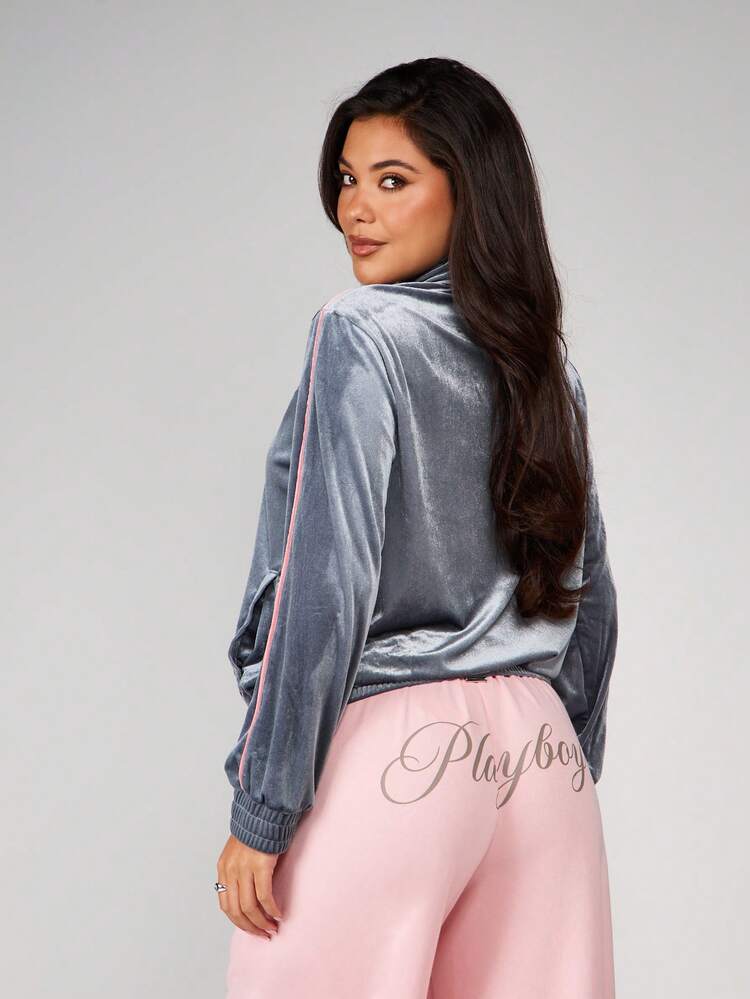 Missguided x Playboy Velvet Full Zip Track Jacket With Side Stripes And Ribbed Cuffs For Women Casual Sporty Winter Style
