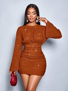 SOLERSUN Women's Elegant Long Sleeve Ruched Hem Sparkly Bodycon Sexy Mini Dress,Suitable For Christmas Party Vacation & Dating & Valentine's Day Dating - Rust Brown - View 6