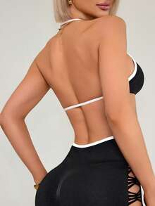 Slayform Slayform 1pc Basic Moisture-Wicking Sports Bra, Contrast Color Design, Black/White, Seamless, Suitable For Fitness, Yoga - Multicolor - View 2