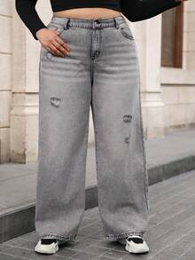 Enliva Jeans boyfriend déchiré gris droit grande taille décontracté - Gris - Voir 8
