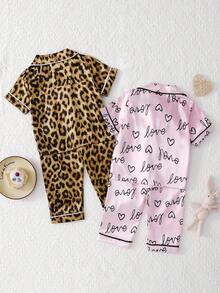 4pcs Set Satin Leopard Print Heart Pattern Faux Silk Fabric Short Sleeve Top And Pants - Multicolor - View 2