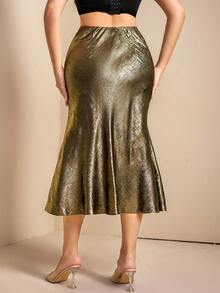 大码女士金属色美人鱼尾优雅铅笔裙，适合通勤。 - 金色 - 查看 5