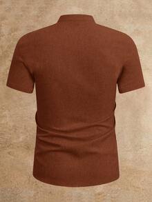 Manfinity VCAY 撞色立领纽扣前襟休闲短袖衬衫 锈红色男士衬衫 男士教堂衬衫 棕色针织衬衫 男士短袖正装衬衫 - 棕色 - 查看 2
