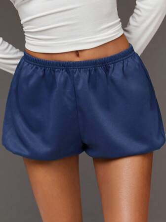 Athîral Women's Casual Elastic Waist Loose Versatile Navy Blue Knit Shorts