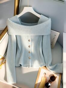 Franclia 时尚新款可爱露肩蓝色针织长袖上衣，柔软宽松，饰有装饰纽扣，适合春秋季穿着。 - 藍色 - 查看 4