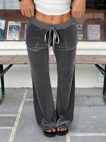 SHEIN EZwear Women Grey Velvet Flared Leg Knit Pants